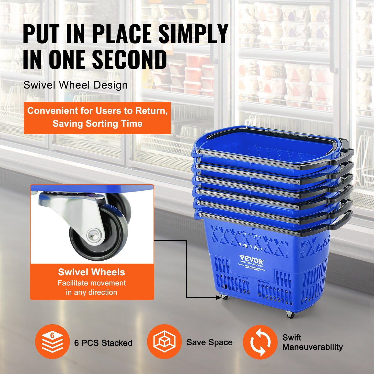 Shopping Baskets, 6PCS, 39L Shopping Carts with Handles, Plastic Rolling Shopping Basket with Wheels, Large Portable Shopping Basket Set for Supermarkets, Retail Stores, Grocery Shopping, Blue