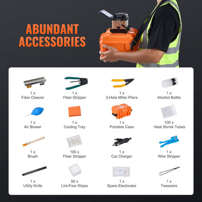 Fiberfusionsskarv med 4 motorer, fiberoptisk skarv med pläterad justering, 6 sekunders skarvning och 13 sekunders uppvärmning, fiberskarvmaskin med 5" pekskärm, 3-i-1 fiberhållare, 7800mAh batteri för SM MM DS NZDS