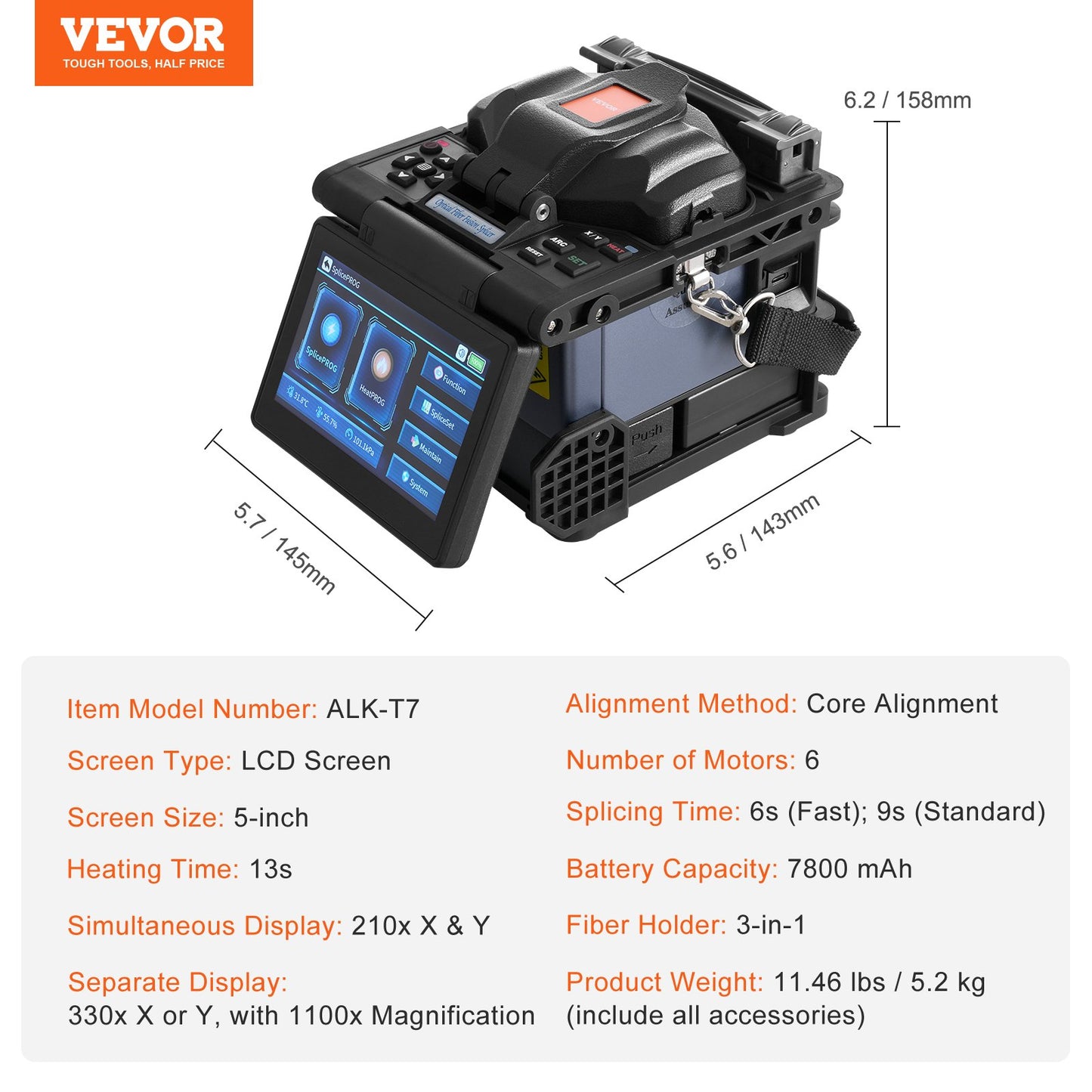Fiber Fusion Splicer 6-Motor, Core Alignment Fiber Optic Splicer 6s Splicing & 13s Heating, Fiber Splicer Machine with 5" LCD Screen, 3 in 1 Fiber Holder, 7800mAh Battery for SM MM DS NZDS Fiber
