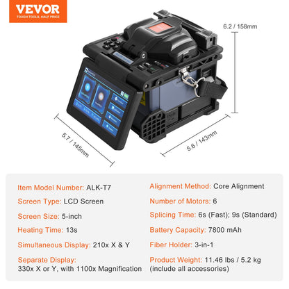Fiber Fusion Splicer 6-Motor, Core Alignment Fiber Optic Splicer 6s Splicing & 13s Heating, Fiber Splicer Machine with 5" LCD Screen, 3 in 1 Fiber Holder, 7800mAh Battery for SM MM DS NZDS Fiber