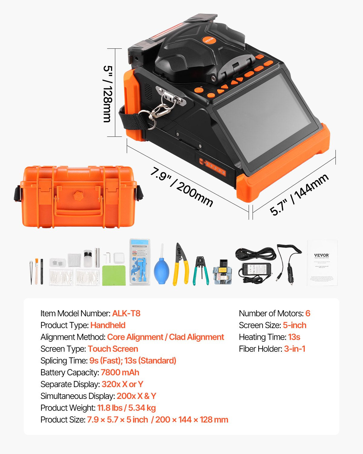 Fiber Fusion Splicer 6 Motors, Core & Clad Alignment Fibers Optic Splicer with 6s Fast Splicing and 13s Heating, 5" Touch Screen, 3 in 1 Fiber Holder, 7800mAh Battery for SM MM DS NZDS Fibers