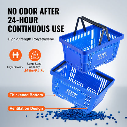 Kundkorg, set om 12, 24L slitstark plastmatkorg med handtag och stativ, 16,73 x 11,61 x 8,86 tum bärbar varukorg i bulk används för butik stormarknad matinköp, blå