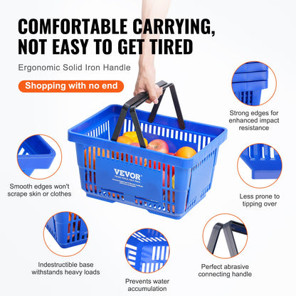 Kundkorg, set om 12, 24L slitstark plastmatkorg med handtag och stativ, 16,73 x 11,61 x 8,86 tum bärbar varukorg i bulk används för butik stormarknad matinköp, blå