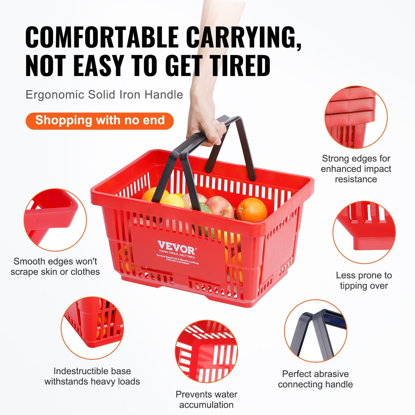 Shopping Basket, Set of 12, 24L Durable Plastic Grocery Basket with Handle and Stand, 16.73 x 11.61 x 8.86 inch Portable Shop Basket Bulk Used for Retail Store Supermarket Grocery Shopping, Red