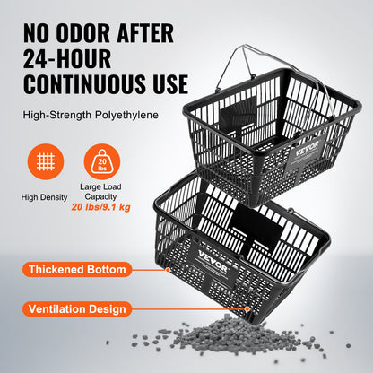 Kundkorg, set om 12, 21 liters hållbar plastmatkorg med metallhandtag och stativ, 16,73 x 12,01 x 8,58 tum bärbar varukorg för butik, stormarknad, matinköp, svart