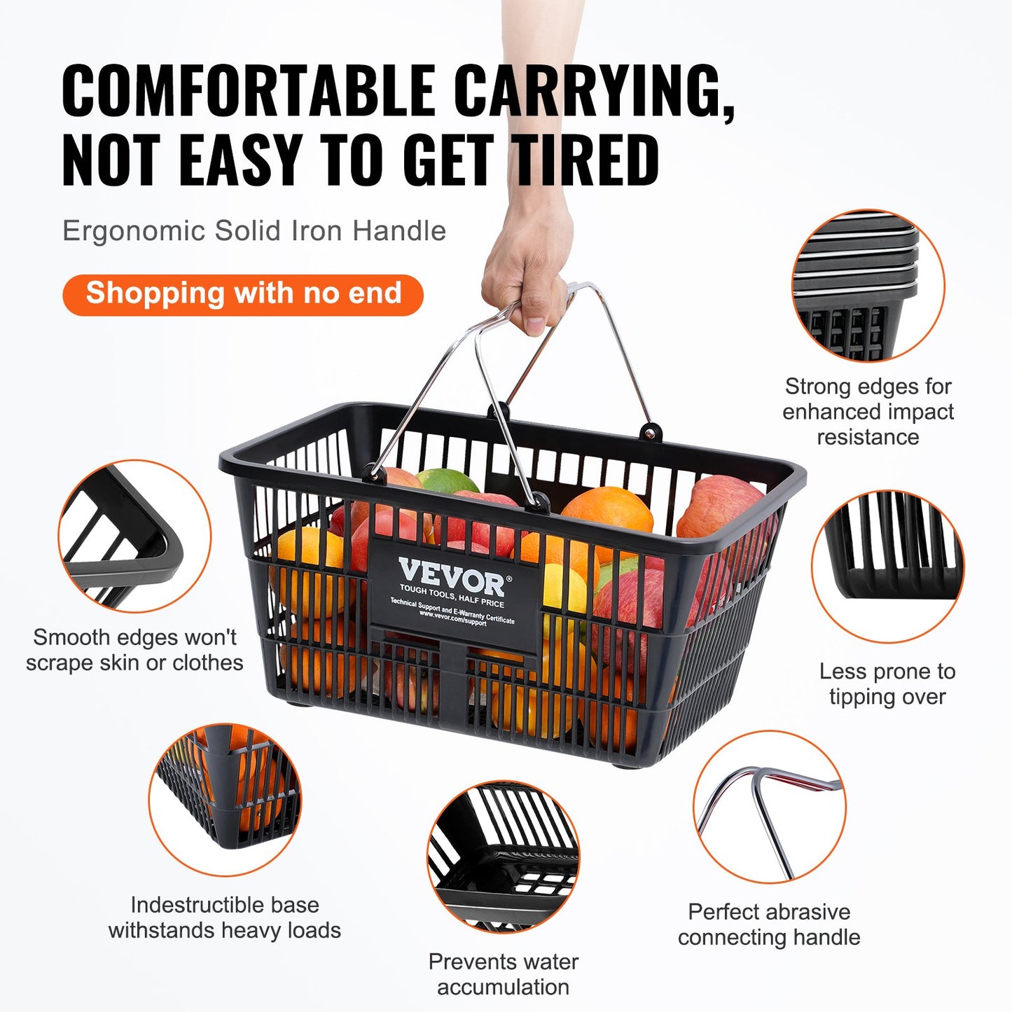 Kundkorg, set om 12, 21 liters hållbar plastmatkorg med metallhandtag och stativ, 16,73 x 12,01 x 8,58 tum bärbar varukorg för butik, stormarknad, matinköp, svart