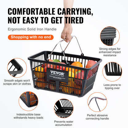 Kundkorg, set om 12, 21 liters hållbar plastmatkorg med metallhandtag och stativ, 16,73 x 12,01 x 8,58 tum bärbar varukorg för butik, stormarknad, matinköp, svart