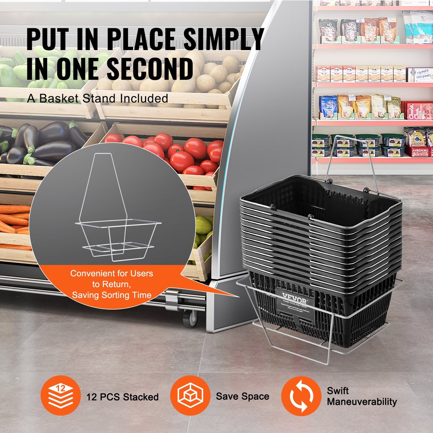 Kundkorg, set om 12, 21 liters hållbar plastmatkorg med metallhandtag och stativ, 16,73 x 12,01 x 8,58 tum bärbar varukorg för butik, stormarknad, matinköp, svart