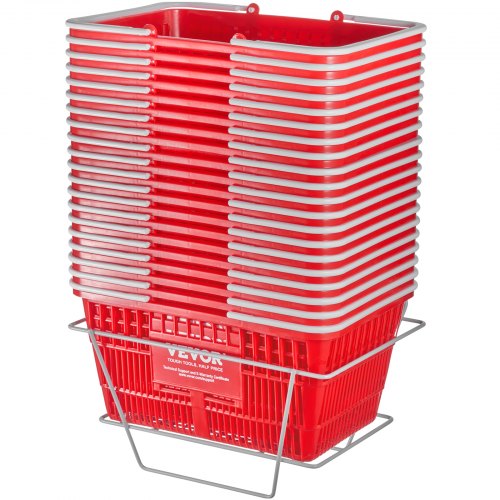 Shopping Basket, Set of 20, 21L Durable Plastic Grocery Basket with Handle and Stand, 16.5 x 11.8 x 8.27 inch Portable Shop Basket Bulk Used for Retail Store Supermarket Grocery Shopping, Red