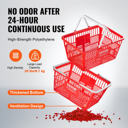 Kundkorgar, set om 20, 21 liters hållbara plastmatkorgar med handtag och stativ, 16,5 x 11,8 x 8,27 tum, bärbar varukorg, bulk, används för butik, stormarknad, matinköp, röd