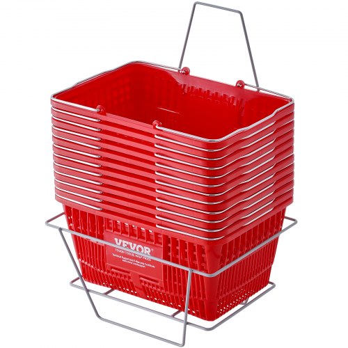 Shopping Basket, Set of 12, 21L Durable Plastic Grocery Basket with Metal Handle and Stand, 16.73 x 12.01 x 8.58 inch Portable Shop Basket Used for Retail Store Supermarket Grocery Shopping, Red