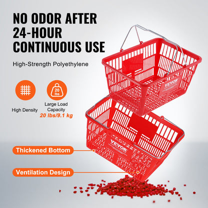 Kundkorg, set om 12, 21 liters hållbar plastmatkorg med metallhandtag och stativ, 16,73 x 12,01 x 8,58 tum bärbar varukorg som används för butik, stormarknad, matinköp, röd