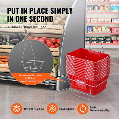 Kundkorg, set om 12, 21 liters hållbar plastmatkorg med metallhandtag och stativ, 16,73 x 12,01 x 8,58 tum bärbar varukorg som används för butik, stormarknad, matinköp, röd