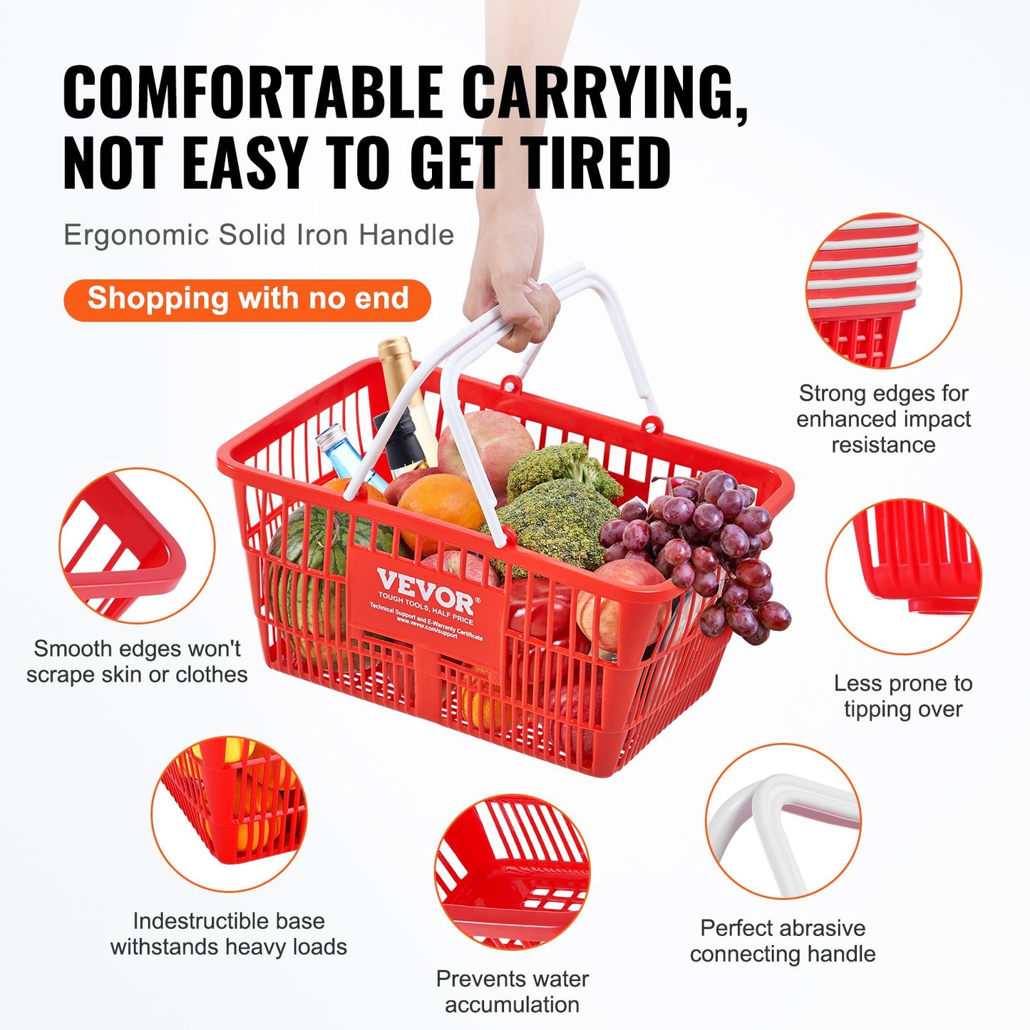 Shopping Basket, Set of 12, 21L Durable Plastic Grocery Basket with Handle and Stand, 16.5 x 11.8 x 8.27 inch Portable Shop Basket Bulk Used for Retail Store Supermarket Grocery Shopping, Red