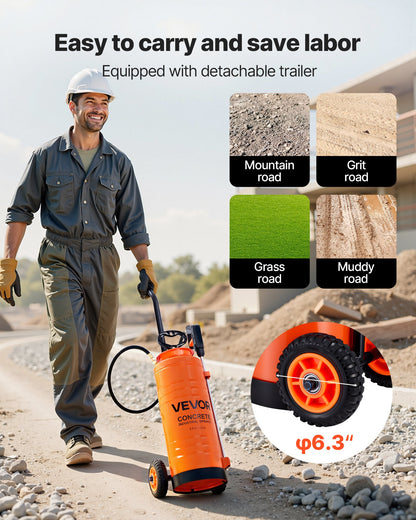 Industriell betongspruta med hjulvagn, 14L spruta i rostfritt stål, kraftiga trippelsprutor med pump, 52 cm skaft, 1,2m och 3m slangar, 2 mässingsmunstycken för bygg, gräsmatta och trädgård