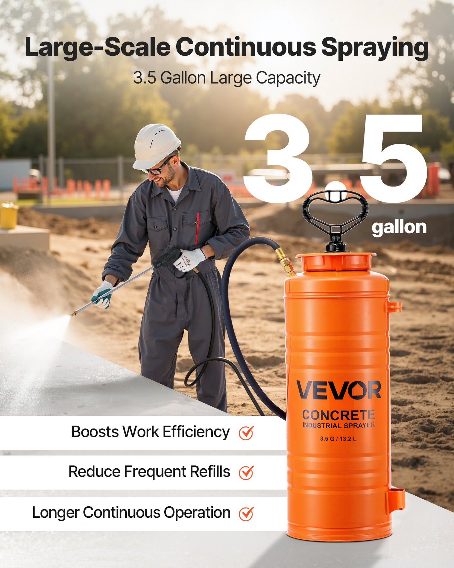 Industriell betongspruta, 14L spruta i rostfritt stål, kraftiga trippelpumpsprutor, 52 cm skaft med ergonomiskt pistolhandtag, 1,2m och 3m slangar, 2 mässingsmunstycken för bygg och trädgård