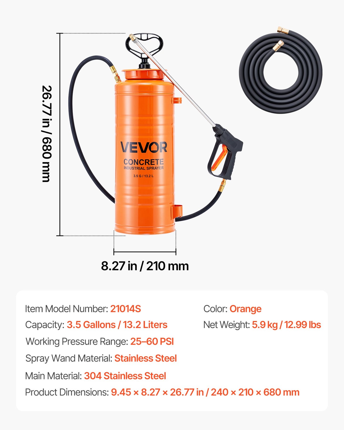 Industriell betongspruta, 14L spruta i rostfritt stål, kraftiga trippelpumpsprutor, 52 cm skaft med ergonomiskt pistolhandtag, 1,2m och 3m slangar, 2 mässingsmunstycken för bygg och trädgård