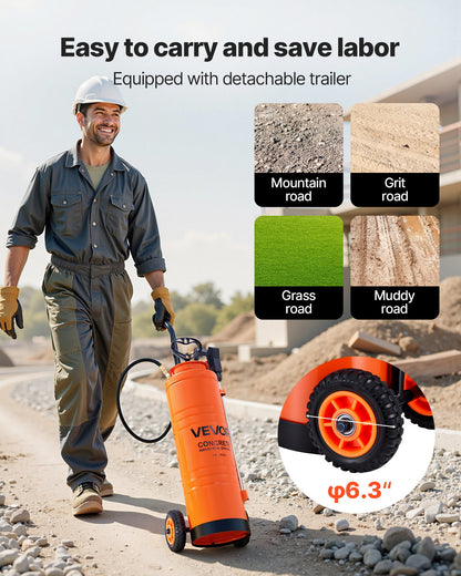 Industriell betongspruta med hjulvagn, 19L spruta i rostfritt stål, kraftiga trippelsprutor med pump, 52 cm skaft, 1,2m och 3m slangar, 2 mässingsmunstycken för bygg, gräsmatta och trädgård