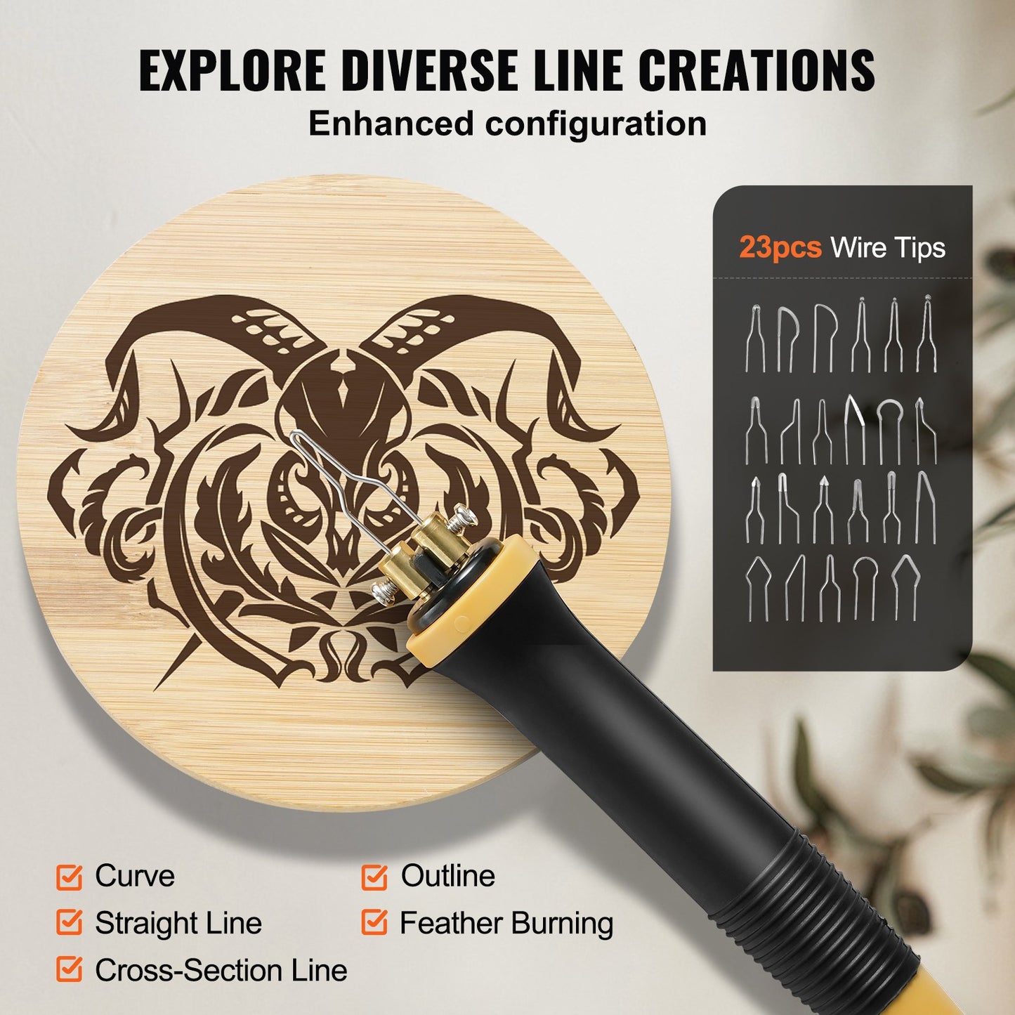 Vedeldningssats, 200~700°C justerbar temperatur med display, dubbel utgång med 2 pyrografipennor, 23 trådspetsar, 1 pennhållare, 4 träflisor, 1 skruvmejsel, 1 pincett, 1 kniv, 1 svamp