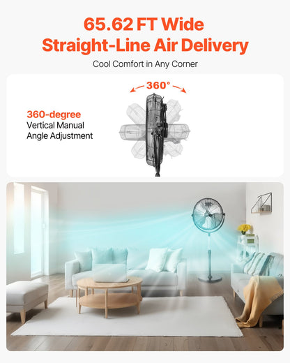 Industrial Pedestal Fan, 18 Inch Standing Fan with 45.3 to 57.9 Inches Adjustable Height, Floor Fans with 3 Adjustable Speeds, High Power Bedroom Fans for Living Room, Home, Office, Black