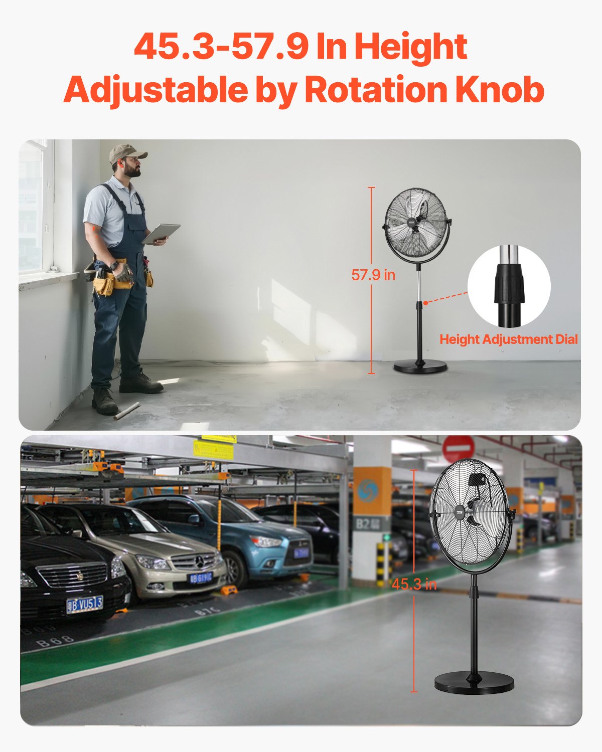 Industrial Pedestal Fan, 18 Inch Standing Fan with 45.3 to 57.9 Inches Adjustable Height, Floor Fans with 3 Adjustable Speeds, High Power Bedroom Fans for Living Room, Home, Office, Black