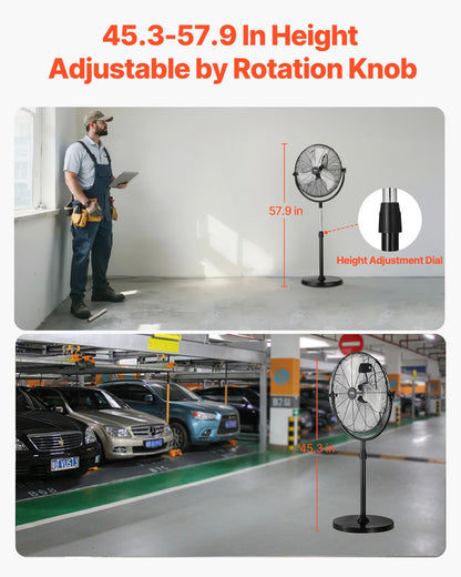 Industrial Pedestal Fan, 18 Inch Standing Fan with 45.3 to 57.9 Inches Adjustable Height, Floor Fans with 3 Adjustable Speeds, High Power Bedroom Fans for Living Room, Home, Office, Black