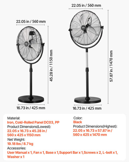 Industrial Pedestal Fan, 18 Inch Standing Fan with 45.3 to 57.9 Inches Adjustable Height, Floor Fans with 3 Adjustable Speeds, High Power Bedroom Fans for Living Room, Home, Office, Black