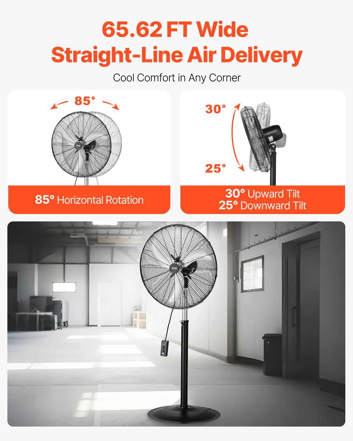 Industrial Pedestal Fan, 24 Inch 85-Degree Oscillating Fan, Height Adjustable Standing Fans with 3 Adjustable Speeds, High Power Floor Fans for Bedroom, Living Room, Home, Office, Black