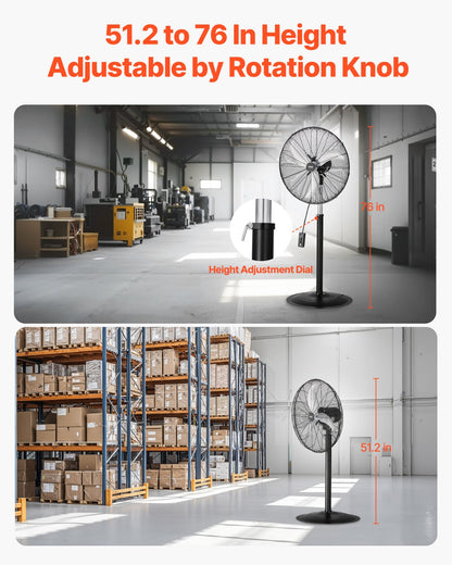 Industrial Pedestal Fan, 24 Inch 85-Degree Oscillating Fan, Height Adjustable Standing Fans with 3 Adjustable Speeds, High Power Floor Fans for Bedroom, Living Room, Home, Office, Black