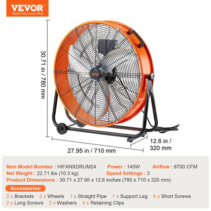 Drum Fan, 24 Inch High Velocity Industrial Shop Fan, Heavy Duty Commercial Use 3-Speed 8600CFM, 360°Adjustable Tilting,0-2h Timer Industrial Floor Fan for Warehouse,Workshop,Factory, Basement