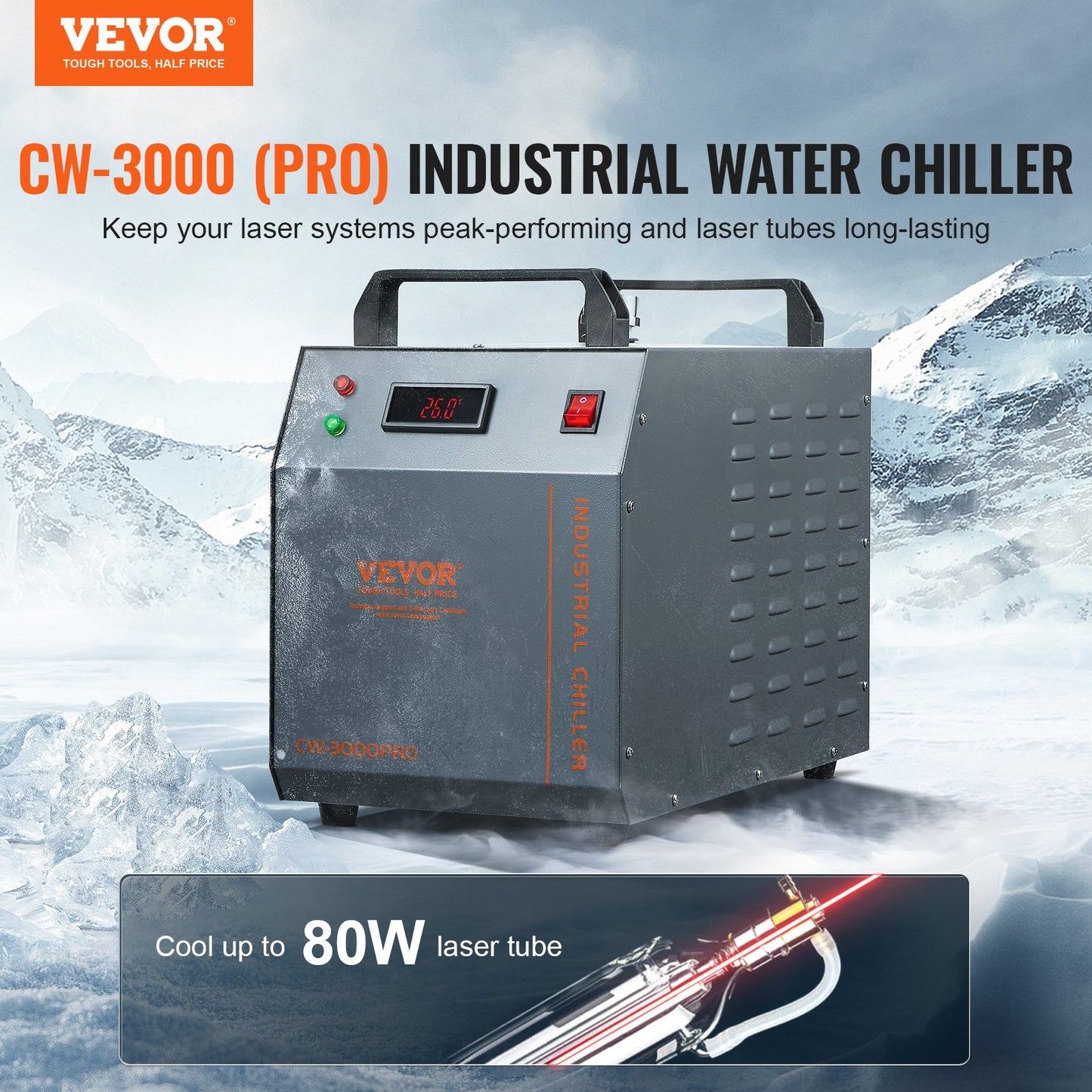 Industriell vattenkylare, CW-3000(PRO), 150W luftkyld industriell vattenkylare med 12L vattentankkapacitet 18 L/min maxflödeshastighet, för lasergraveringsmaskinkylning
