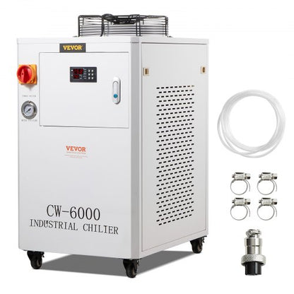 Industrial Water Chiller, CW6000, 1500W Industrial Water Cooler Cooling System with Compressor 15L Water Tank Capacity 65 L/min Max Flow Rate, for CO2 Laser Engraving Machine Cooling Machine