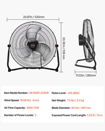Floor Fan, 3 Speeds High Velocity Heavy Duty 18 Inch Industrial Fan, 4000 CFM 360° Adjustable Tilt 19.69 ft/sec Airflow Large Metal Fan, for Home, Gym, Office, Garage, Commercial Shop & Bedroom
