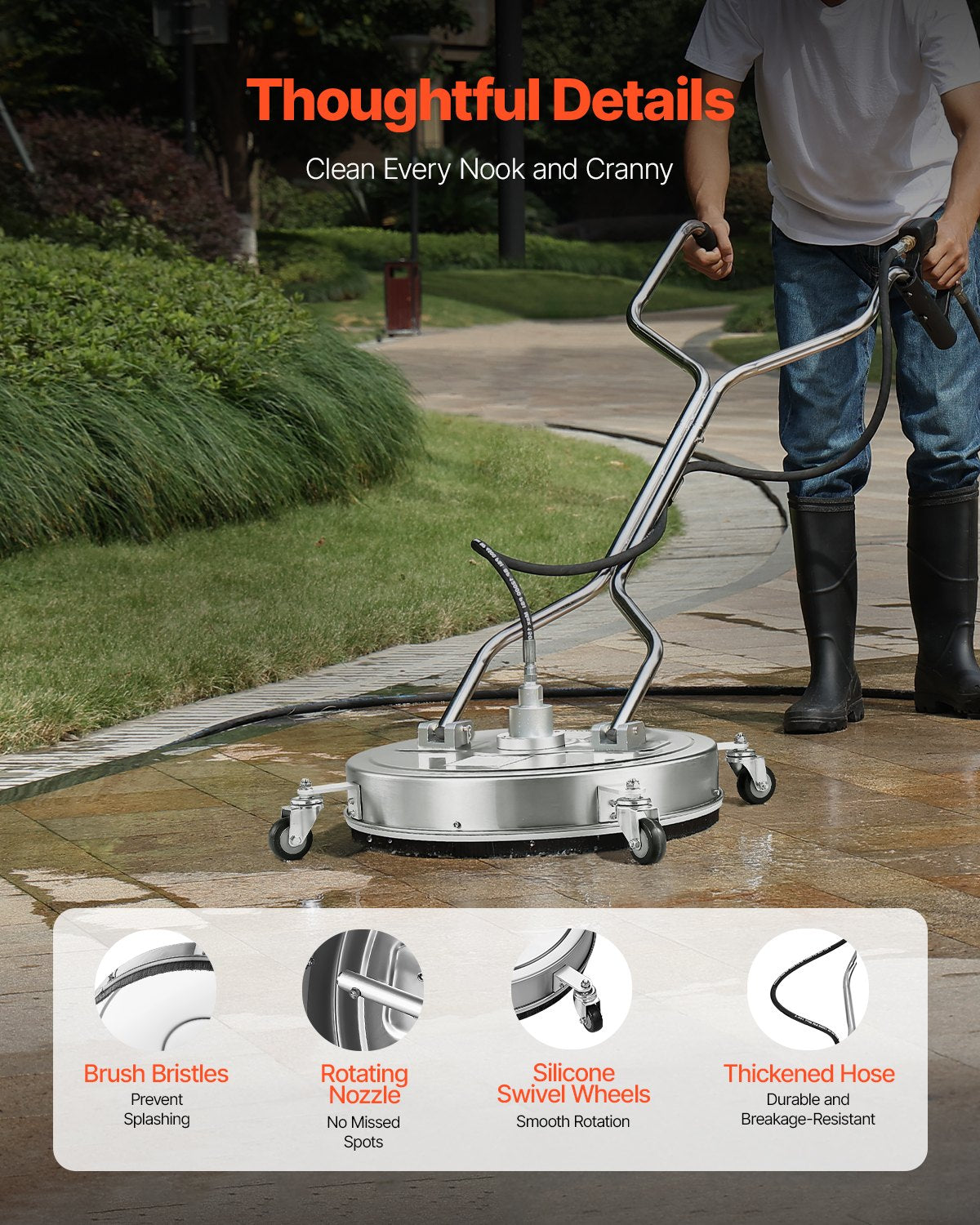 22" Pressure Washer Surface Cleaner, Stainless Steel Pressure Washer Attachments with 4 Wheels, 4500 Max PSI, 3/8 Quick Connector, 2 Spray Nozzles, Dual Handle, for Concrete, Patio, Sidewalk