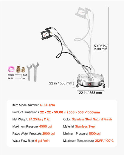 22" Pressure Washer Surface Cleaner, Stainless Steel Pressure Washer Attachments with 4 Wheels, 4500 Max PSI, 3/8 Quick Connector, 2 Spray Nozzles, Dual Handle, for Concrete, Patio, Sidewalk