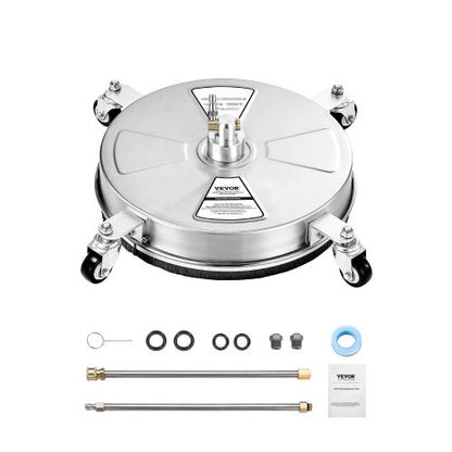 16.5" Pressure Washer Surface Cleaner, Stainless Steel Pressure Washer Attachments with 4 Wheels, 4000 Max PSI, 1/4 Quick Connector, 2 Spray Nozzles, 2 Extended Wands for Concrete, Patio, Deck