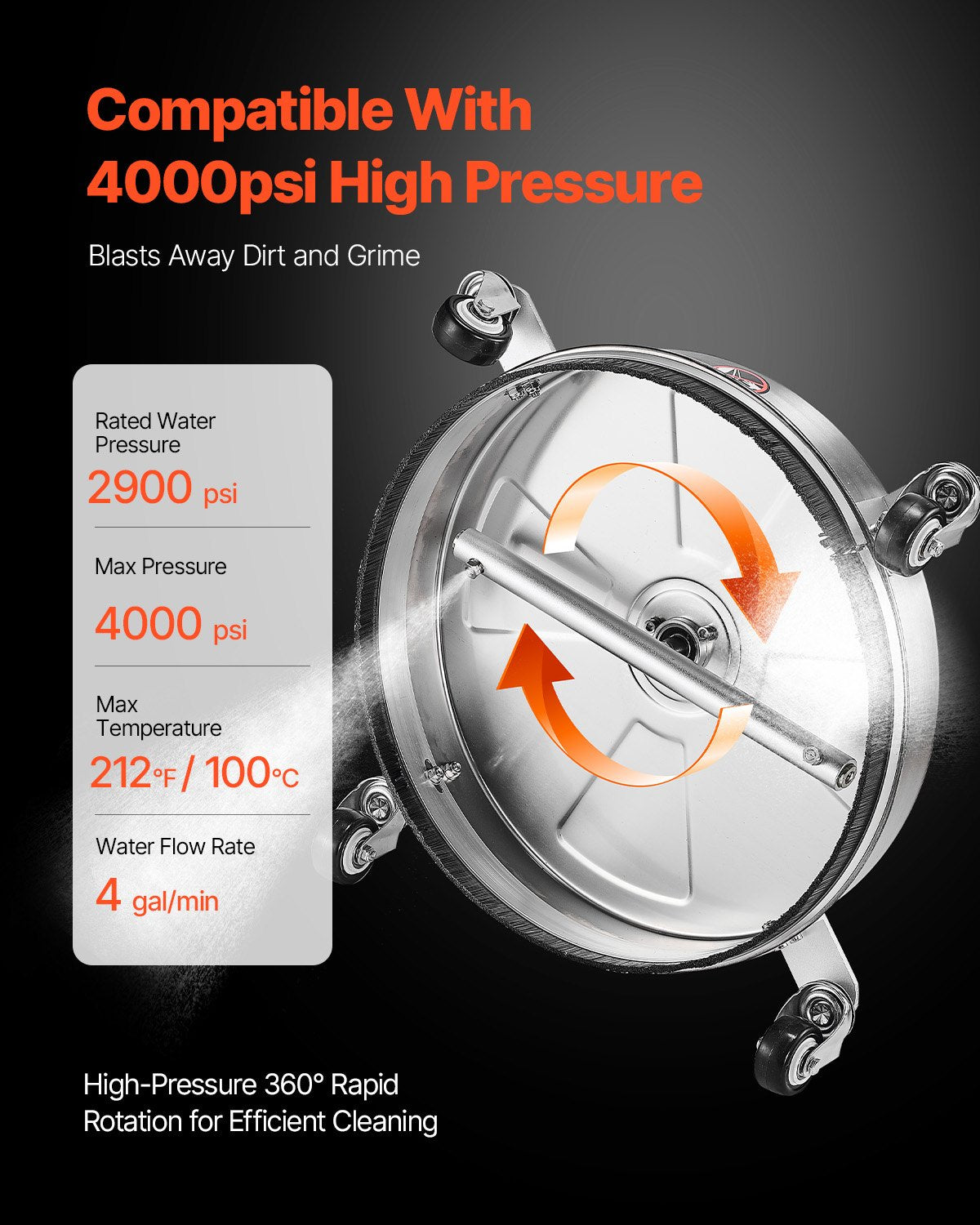 16.5" Pressure Washer Surface Cleaner, Stainless Steel Pressure Washer Attachments with 4 Wheels, 4000 Max PSI, 1/4 Quick Connector, 2 Spray Nozzles, 2 Extended Wands for Concrete, Patio, Deck