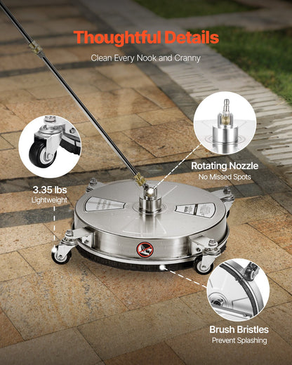 16.5" Pressure Washer Surface Cleaner, Stainless Steel Pressure Washer Attachments with 4 Wheels, 4000 Max PSI, 1/4 Quick Connector, 2 Spray Nozzles, 2 Extended Wands for Concrete, Patio, Deck