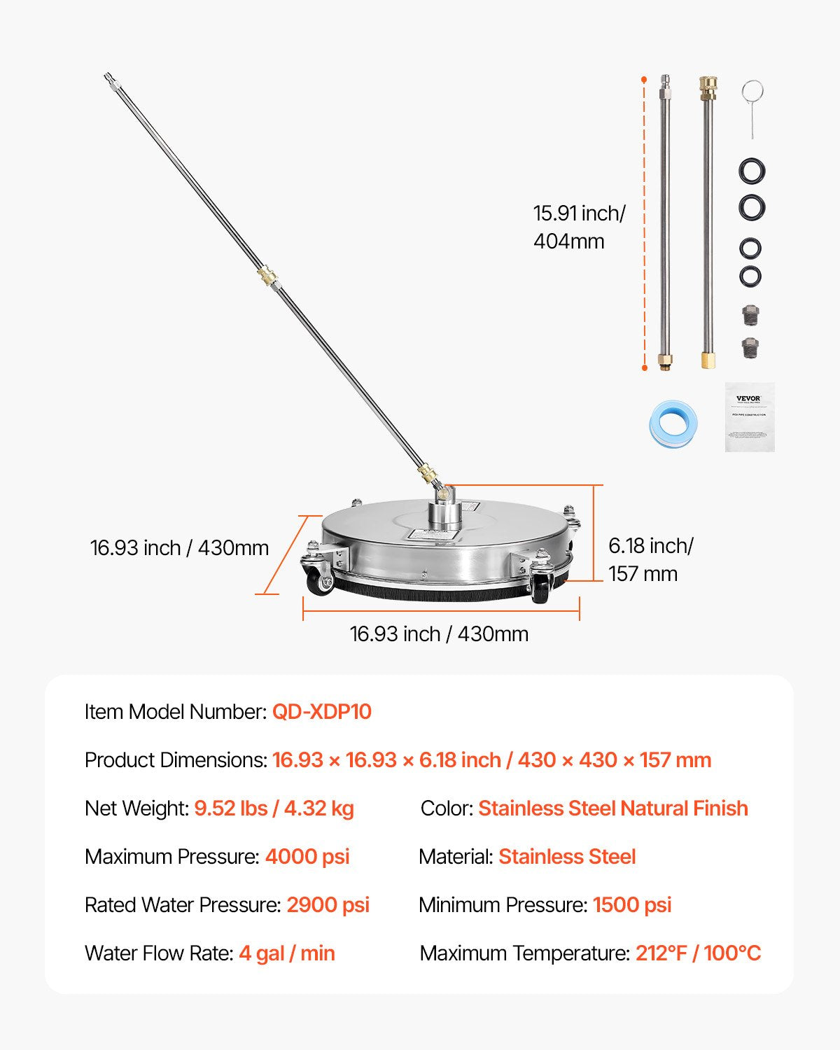 16.5" Pressure Washer Surface Cleaner, Stainless Steel Pressure Washer Attachments with 4 Wheels, 4000 Max PSI, 1/4 Quick Connector, 2 Spray Nozzles, 2 Extended Wands for Concrete, Patio, Deck