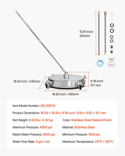16.5" Pressure Washer Surface Cleaner, Stainless Steel Pressure Washer Attachments with 4 Wheels, 4000 Max PSI, 1/4 Quick Connector, 2 Spray Nozzles, 2 Extended Wands for Concrete, Patio, Deck
