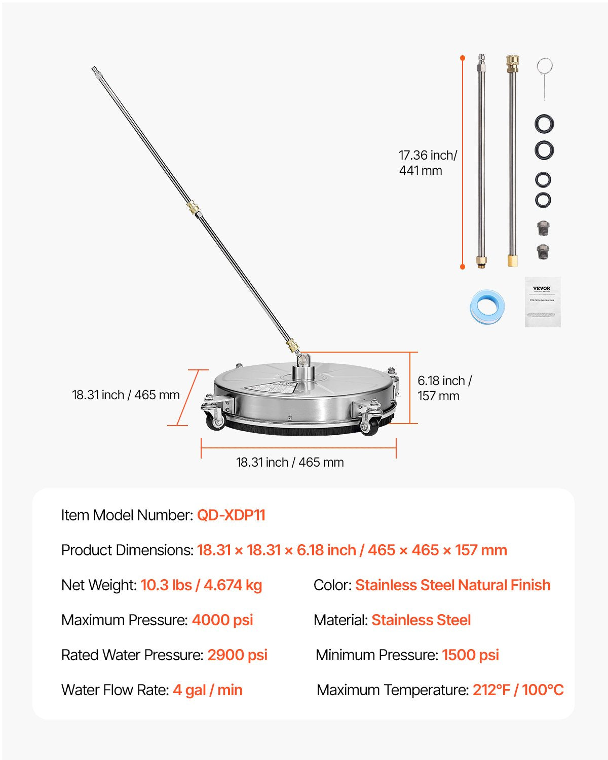 18" Pressure Washer Surface Cleaner, Stainless Steel Pressure Washer Attachments with 4 Wheels, 4000 Max PSI, 1/4 Quick Connector, 2 Spray Nozzles, 2 Extended Wands for Concrete, Patio, Deck