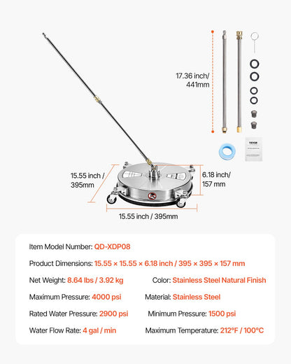 15" högtryckstvättsrengöring för ytor, högtryckstvättstillbehör i rostfritt stål med 4 hjul, 4000 max. psi, 1/4 snabbkoppling, 2 sprutmunstycken, 2 förlängda skaft för betong, uteplats, däck