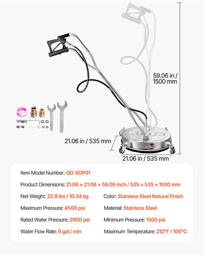 21" högtryckstvättsrengöring för ytor, högtryckstvättstillbehör i rostfritt stål med 4 hjul, 4500 max. psi, 3/8 snabbkoppling, 2 sprutmunstycken, dubbelt handtag, för betong, uteplats, trottoar