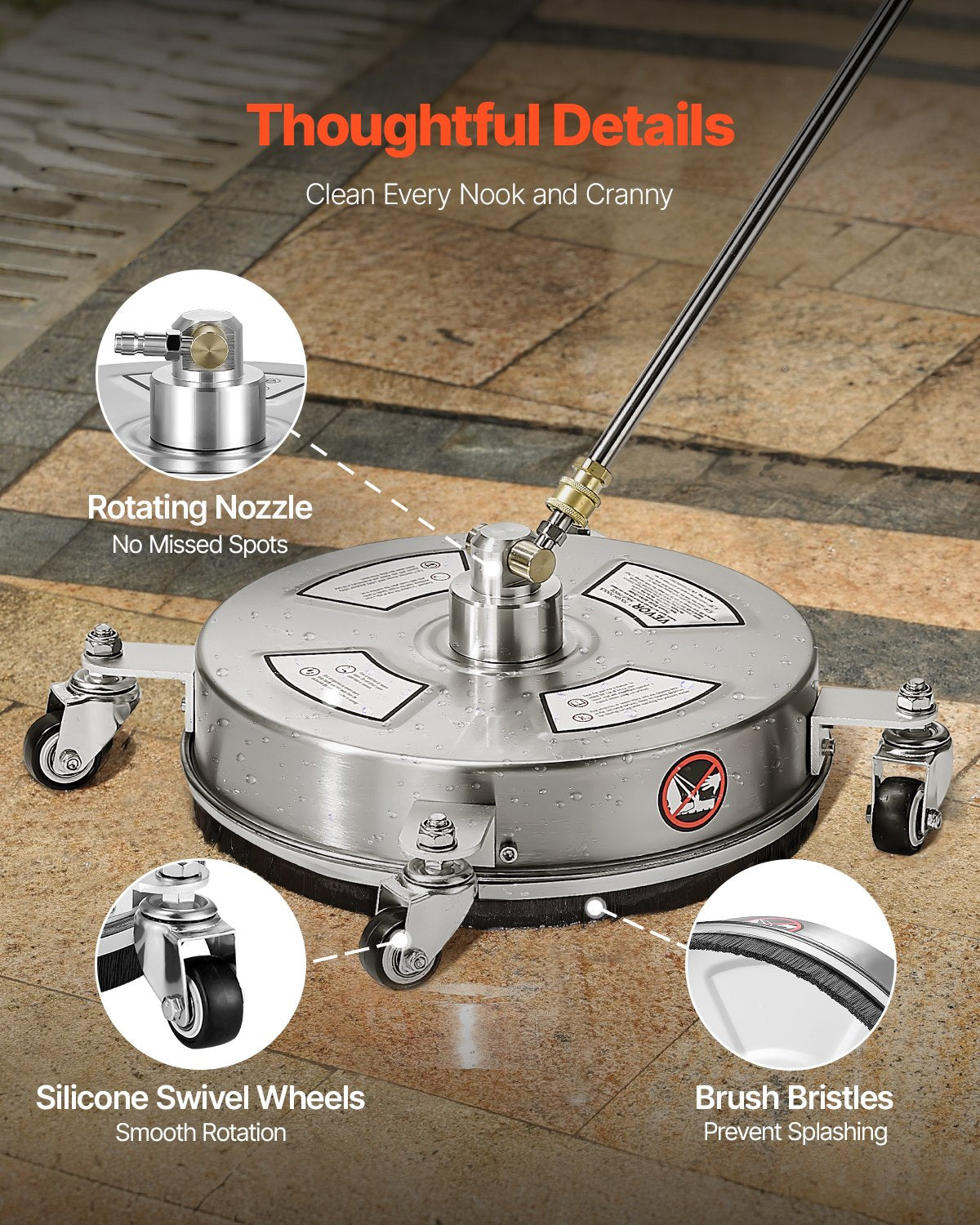 14" Pressure Washer Surface Cleaner, Stainless Steel Pressure Washer Attachments with 4 Wheels, 4000 Max PSI, 1/4 Quick Connector, 2 Spray Nozzles, 2 Extended Wands for Concrete, Patio, Deck