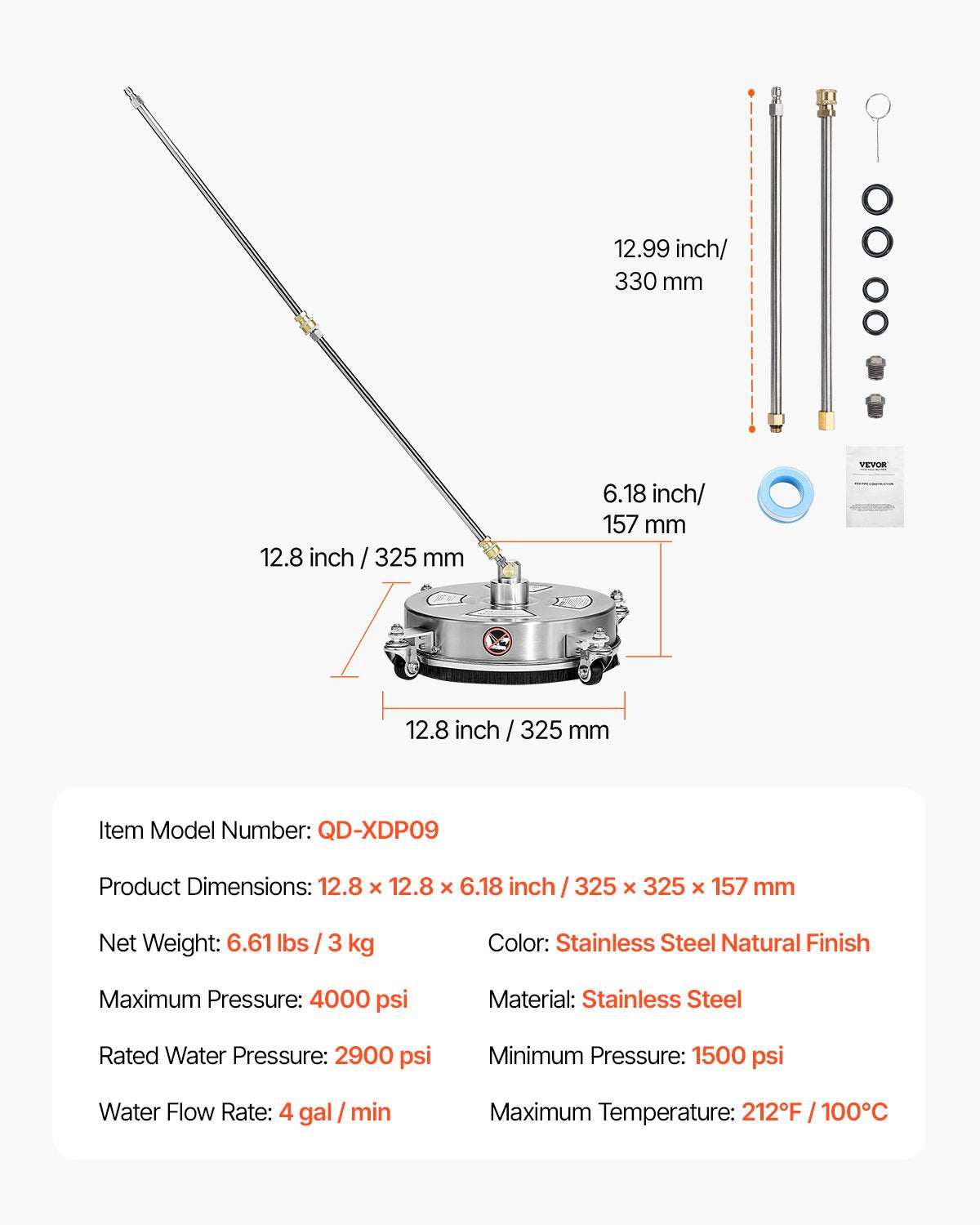14" Pressure Washer Surface Cleaner, Stainless Steel Pressure Washer Attachments with 4 Wheels, 4000 Max PSI, 1/4 Quick Connector, 2 Spray Nozzles, 2 Extended Wands for Concrete, Patio, Deck