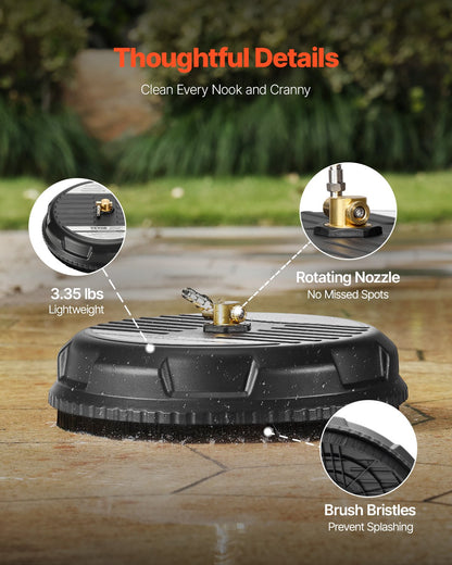 15" Pressure Washer Surface Cleaner, Plastic Pressure Washer Attachments with 4 Wheels, 4000 Max PSI, 1/4 Quick Connector, 2 Spray Nozzles, Ideal for Driveways, Sidewalks, Patios, Decks, Black