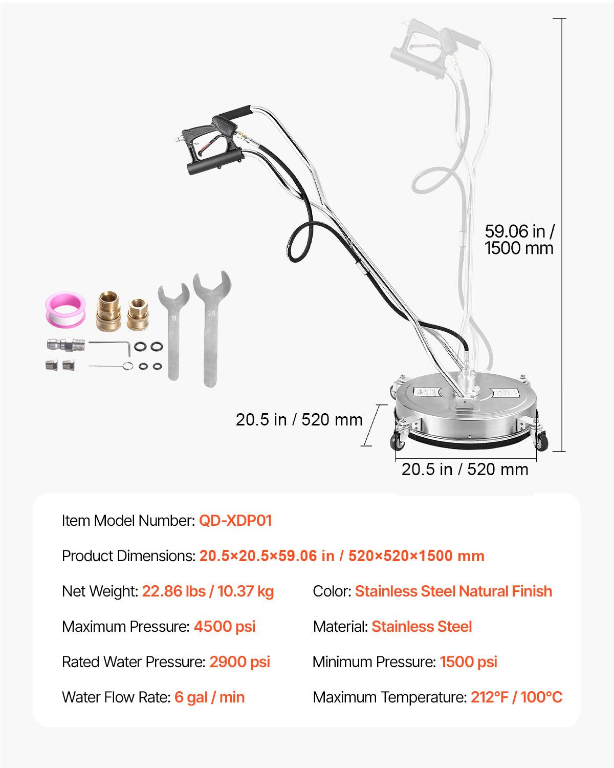 20" högtryckstvättsrengöring för ytor, högtryckstvättstillbehör i rostfritt stål med 4 hjul, 4500 max. psi, 3/8 snabbkoppling, 2 sprutmunstycken, dubbelt handtag, för betong, uteplats, trottoar