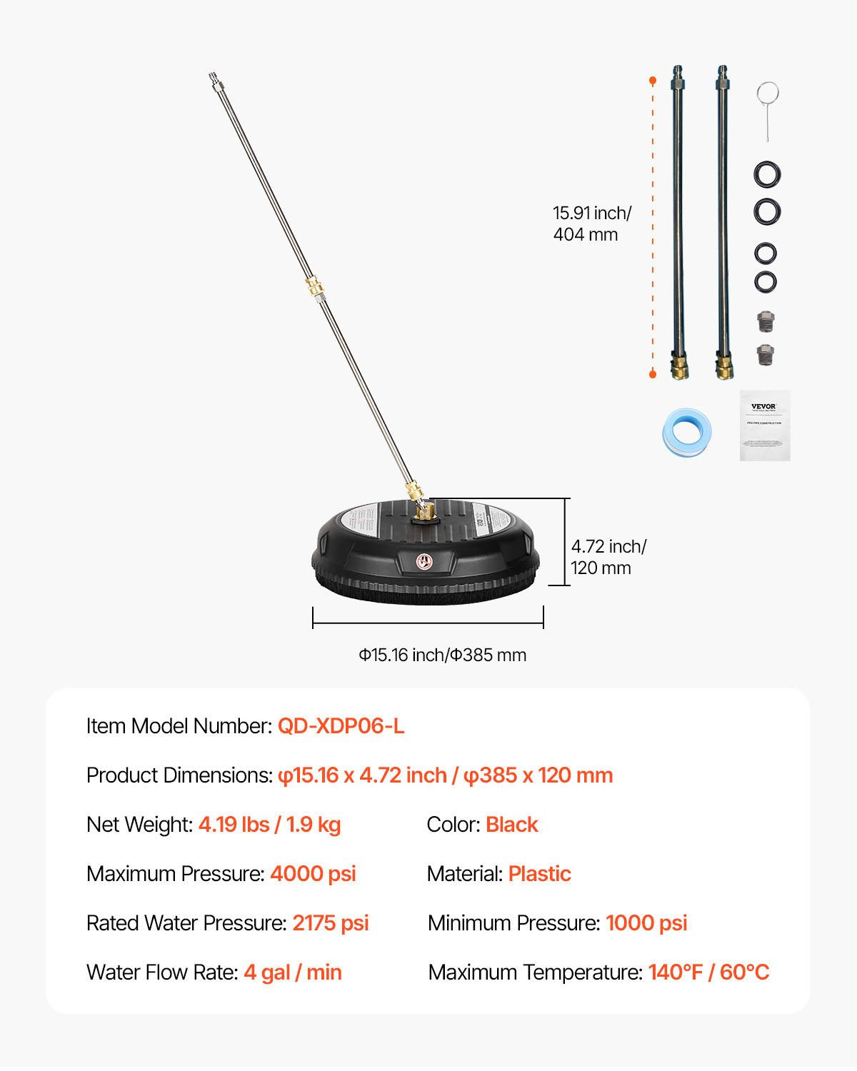 15" Pressure Washer Surface Cleaner, Plastic Pressure Washer Attachments with 4 Wheels, 4000 Max PSI, 1/4 Quick Connector, 2 Spray Nozzles, 2 Extended Wands for Driveway, Sidewalk, Patio, Deck