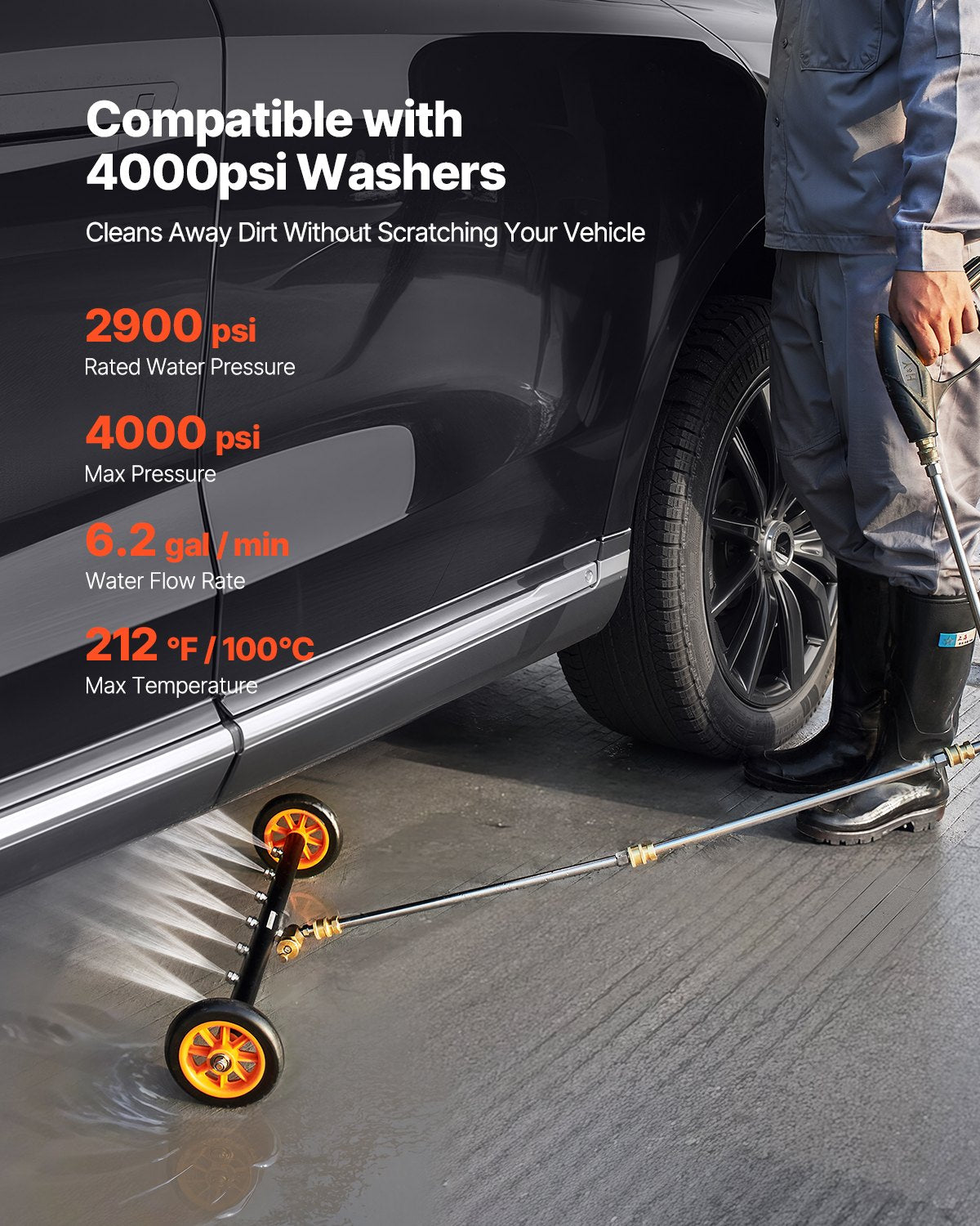 24" Pressure Washer Undercarriage Cleaner, Stainless Steel Surface Cleaner for Pressure Washer, 4000 Max PSI, Angle Adjustment Gear, 7 Spray Nozzles, 2 Extended Wands for Driveway, Patio, Deck