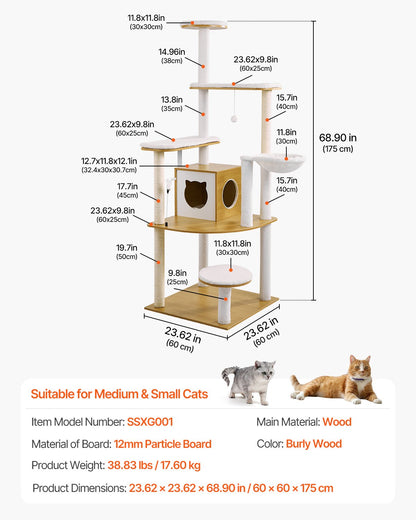 Large Cat Tree, 68.9 inches Tall, Cat Tower, Multi-level Cat Condo Furniture Activity Center with Cozy Perches, Sisal Scratching Posts, Hammock, Big Kittens House for Indoor Cats Play & Rest